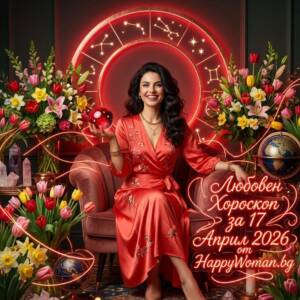 жена с червена рокля представя любовен хороскоп за 17 април 2026 за всяка зодия от HappyWoman.bg