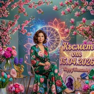 Мощен Късмет от 15.04.2026 се отключва за 7 зодии жена във флорален тоалет седи пред неонова зодиакална карта представя кои зодии ще имат мощен късмет от 15.04.2026