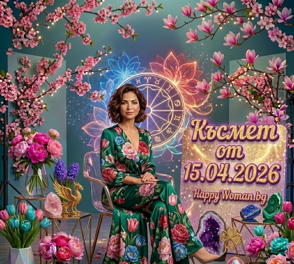 Мощен Късмет от 15.04.2026 се отключва за 7 зодии жена във флорален тоалет седи пред неонова зодиакална карта представя кои зодии ще имат мощен късмет от 15.04.2026