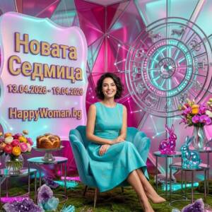 щастлива жена в астрологично студио с Великденска украса прави прогноза за огромен късмет през новата седмица 13.04.2026 - 19.04.2026 от HappyWoman.bg