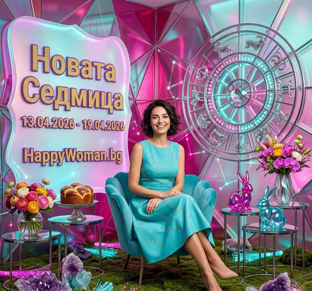 щастлива жена в астрологично студио с Великденска украса прави прогноза за огромен късмет през новата седмица 13.04.2026 - 19.04.2026 от HappyWoman.bg