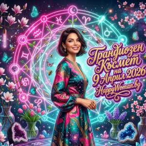 Велики Четвъртък идва с Мощно Чудо от Огромен Късмет на 9 Април 2026 за 7 зодии Усмихната жена пред светеща, неонова зодиакална карта, а около нея има цветя и пеперуди. Тя представя астрологична прогноза за огромен късмет на 9 април 2026 от HappyWoman.bg