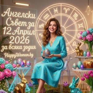 щастлива жена държи великденско яйце и козунак в астрологично студио и представя Ангелски съвет за 12 април 2026 за всяка зодия от списание HappyWoman.bg
