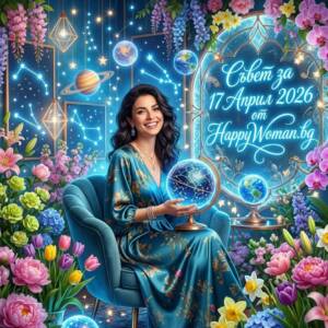 жена в синя рокля представя астрологичен съвет за 17 април 2026 за всяка зодия от HappyWoman.bg