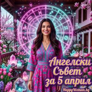 Ангелски Съвет за 5 Април 2026 за всяка зодия Жена в розова рокля сред пролетни цветя и неонова зодиакална карта - днимка за ангелски съвет за 5 април 2026 от HappyWoman.bg