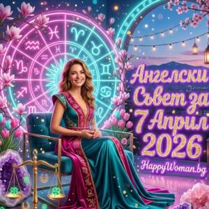 Ангелски Съвет за 7 Април 2026 за всяка зодия усмихната жена в елегантна рокля на фона на светеща астрологична зодиакална карта и кристали, илюстрираща дневен ангелски съвет за 7 април 2026 година от HappyWoman.bg