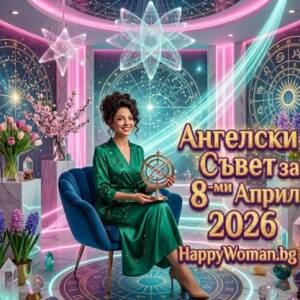 Ангелски Съвет за 8 Април 2026 за всяка зодия Усмихната жена със златен астрологичен уред пред светещи зодиакални карти на ангелски съвет за 8 април 2026 от HappyWoman.bg