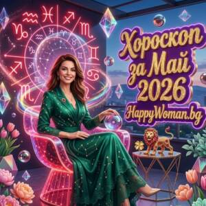 жена пред светеща зодиакална карта и пролетни цветя представя пълен хороскоп за месец май 2026 за всяка зодия от HappyWoman.bg