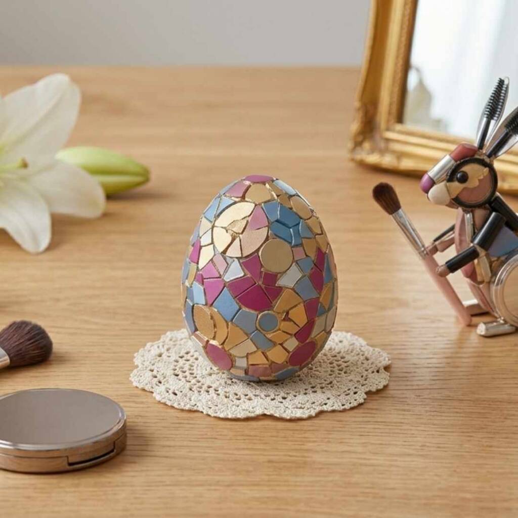 Великденска украса на яйце с мозайка от стари сенки за очи и козметика.