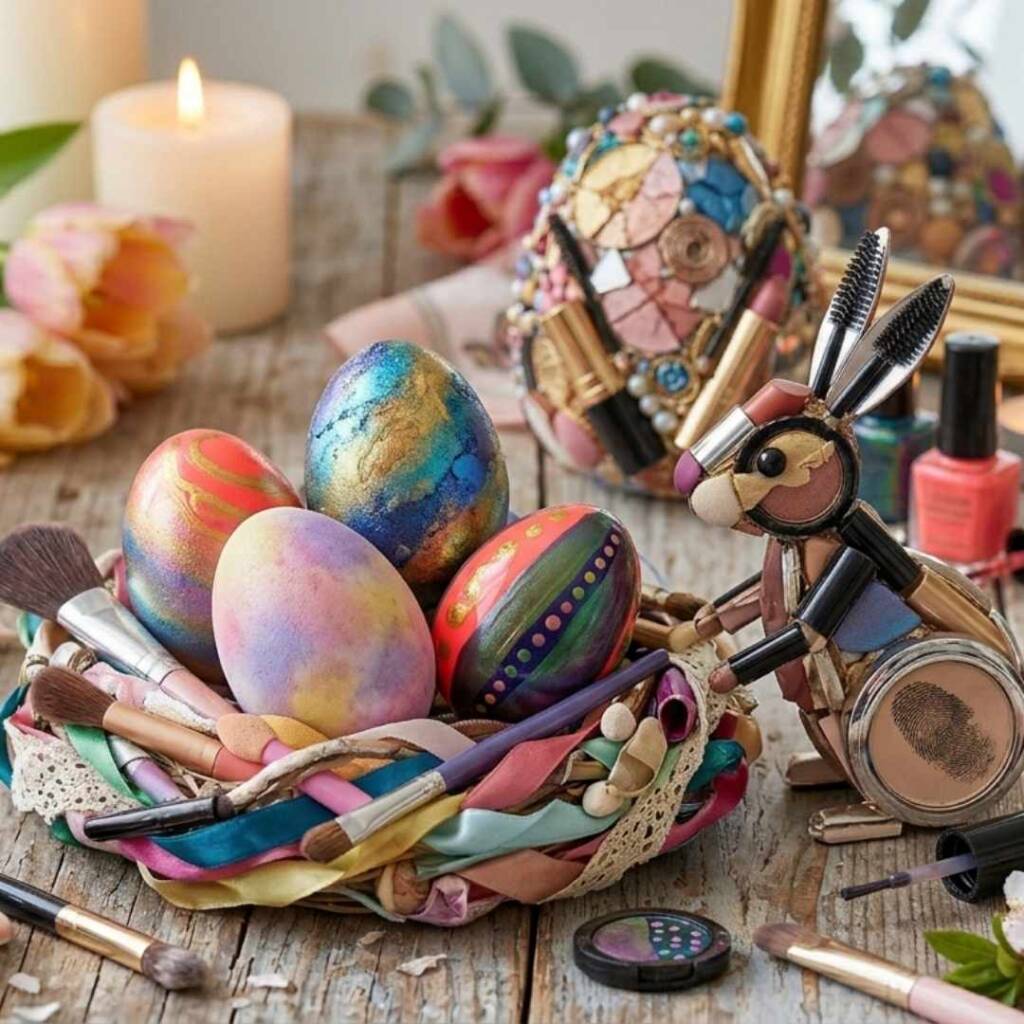 Пъстра великденска украса в кошничка с боядисани яйца, четки за грим и лакове.