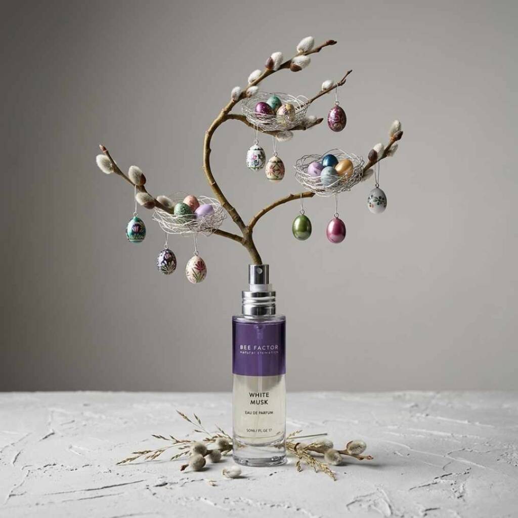 Великденска украса с върбови клонки и малки яйца в празна бутилка от парфюм.