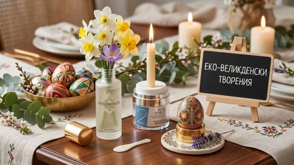 Маса с великденска украса, включваща рециклирани опаковки от серум и кремове като вази и свещници.