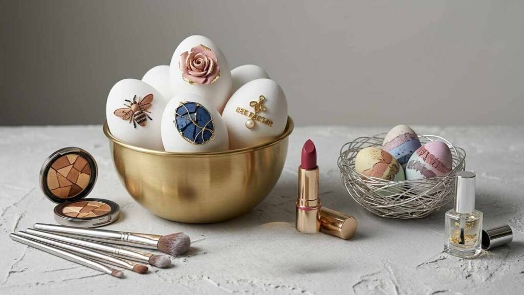 Деликатна великденска украса върху бели яйца с 3D рози и пчели, вдъхновена от луксозен грим.