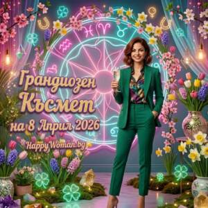 МАГНИТ за Огромен КЪСМЕТ на 8 Април 2026 ще бъдат 7 зодии Жена в елегантен зелен костюм седи пред светеща астрологична карта с всички зодии. Предсказва астрологичната прогноза за грандиозен късмет на 8 април 2026 от HappyWoman.bg