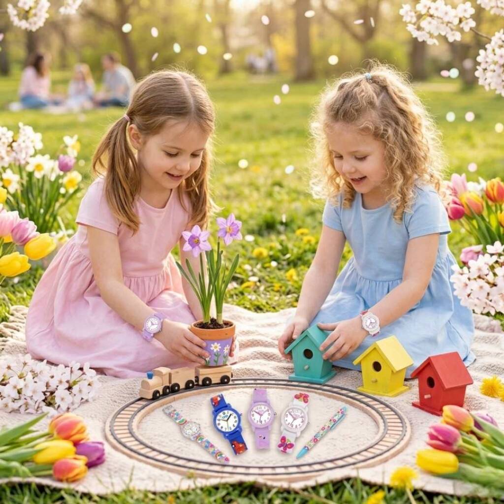 Пролетна ваканция 2026: Как да осигурим спокойствие на детето и себе си с нов детски часовник? Момичета с цветни часовници в парк през пролетна ваканция.