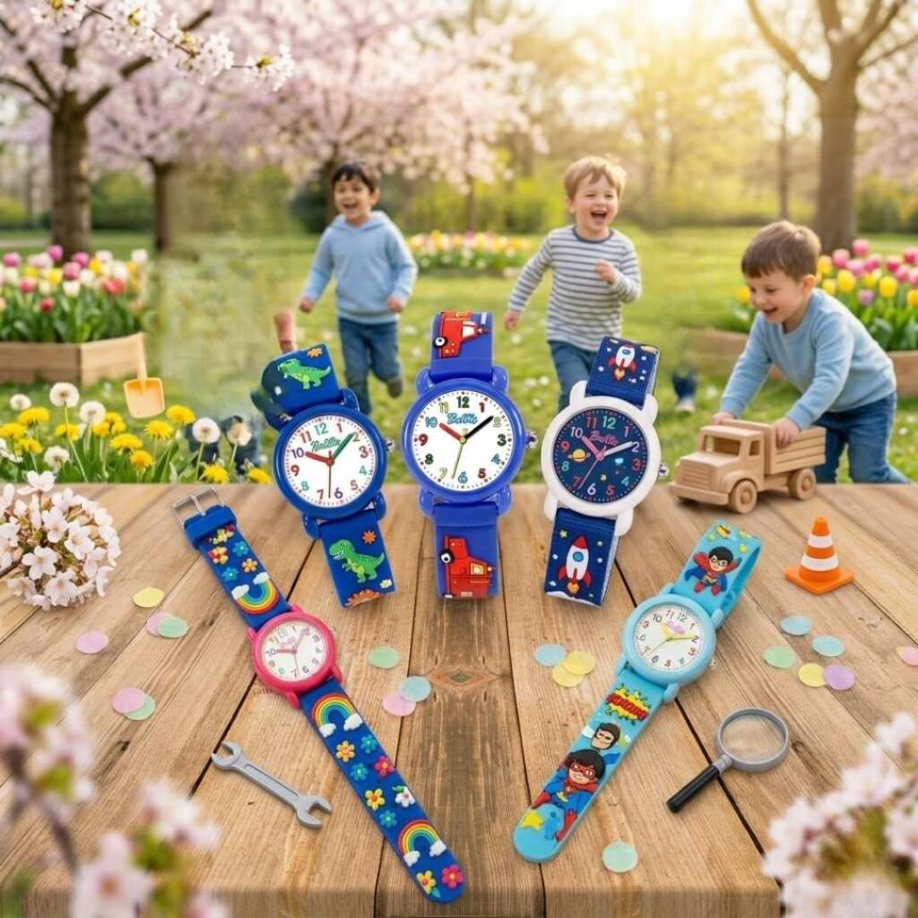 Пролетна ваканция 2026: Как да осигурим спокойствие на детето и себе си с нов детски часовник? Момчета играят навън с нови часовници през пролетна ваканция.