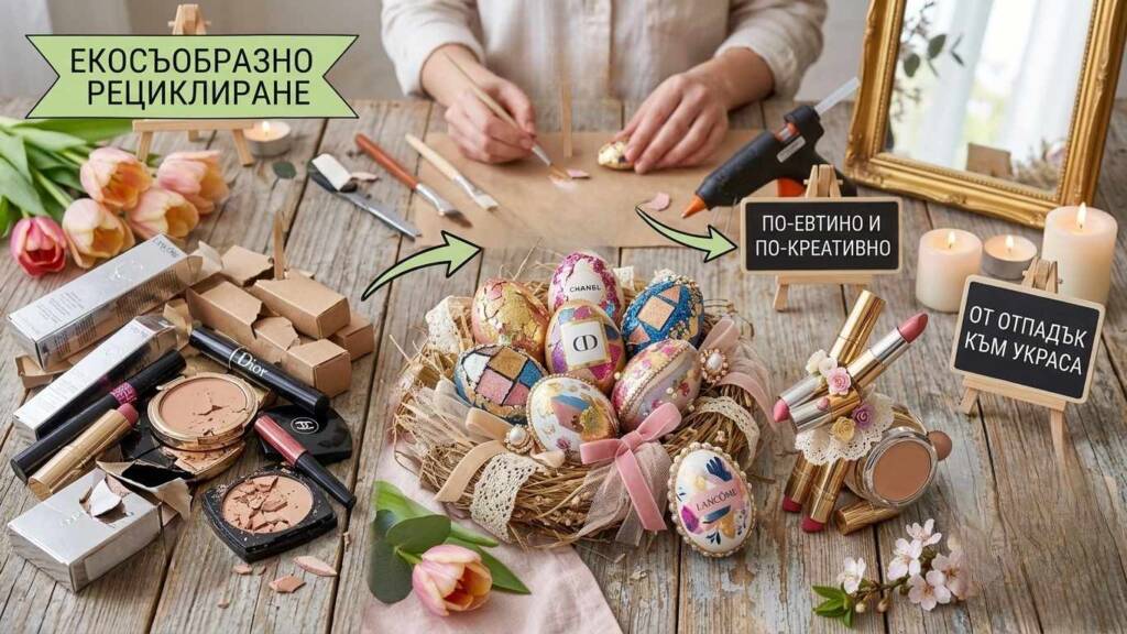 Творчески процес по създаване на великденска украса от стари палитри грим и празни кутии.