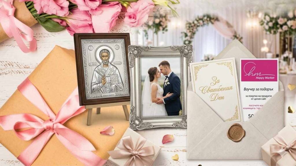 Композиция от сребърна икона, фоторамка с младоженци и подаръчен ваучер, представяща различни възможности за подарък за сватба.