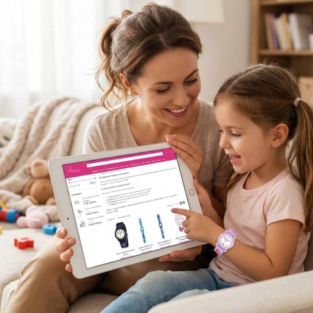 Пролетна ваканция 2026: Как да осигурим спокойствие на детето и себе си с нов детски часовник? Майка и дете избират онлайн часовник за пролетна ваканция.