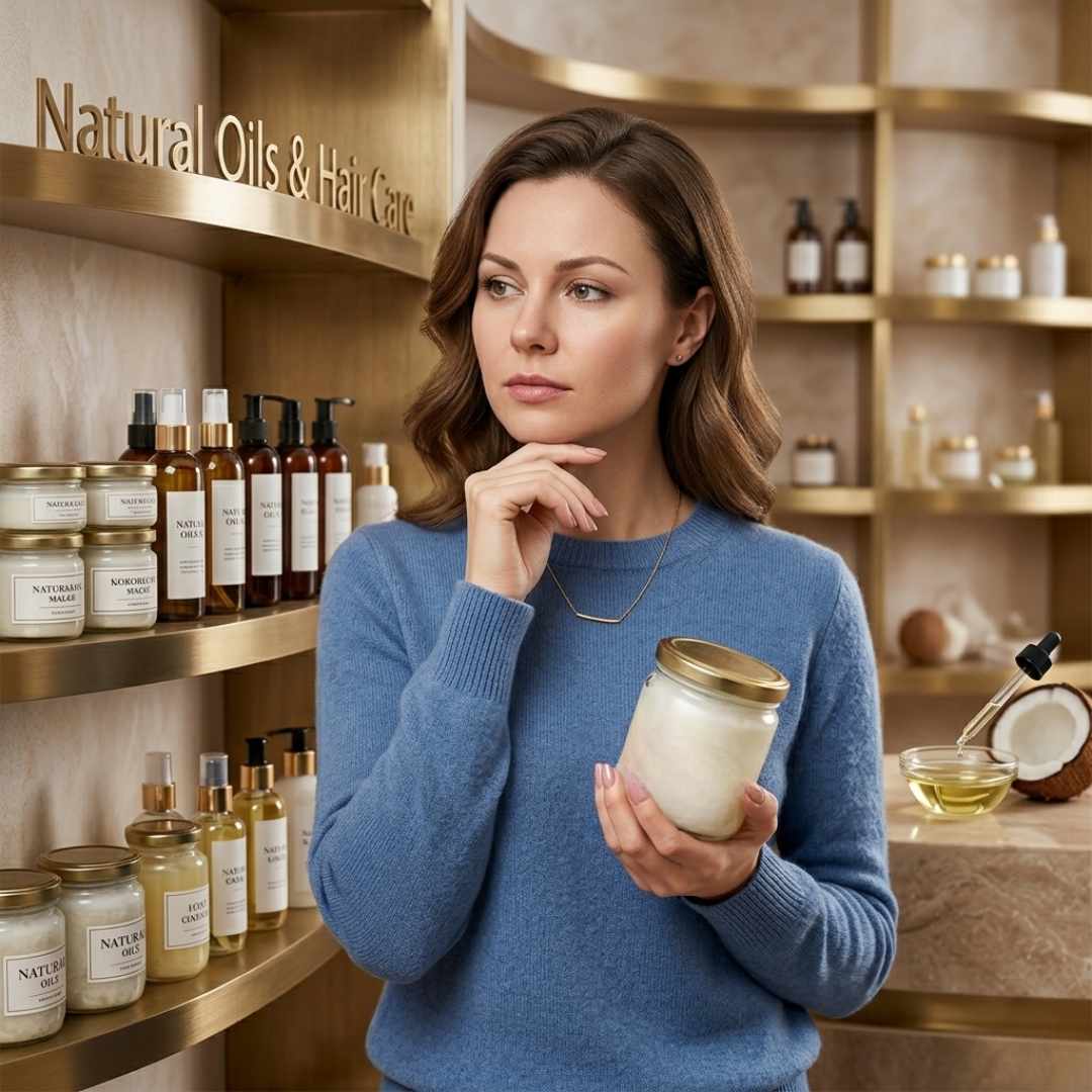 Жена в магазин избира най-подходящото кокосово масло за коса сред различни натурални продукти.