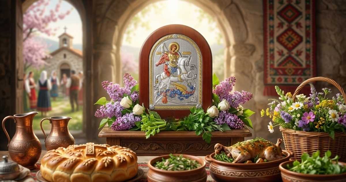 Гравюра, изобразяваща Свети Георги Победоносец, аранжирана с погача, цъфнал дрян и сребърна дрънкалка.