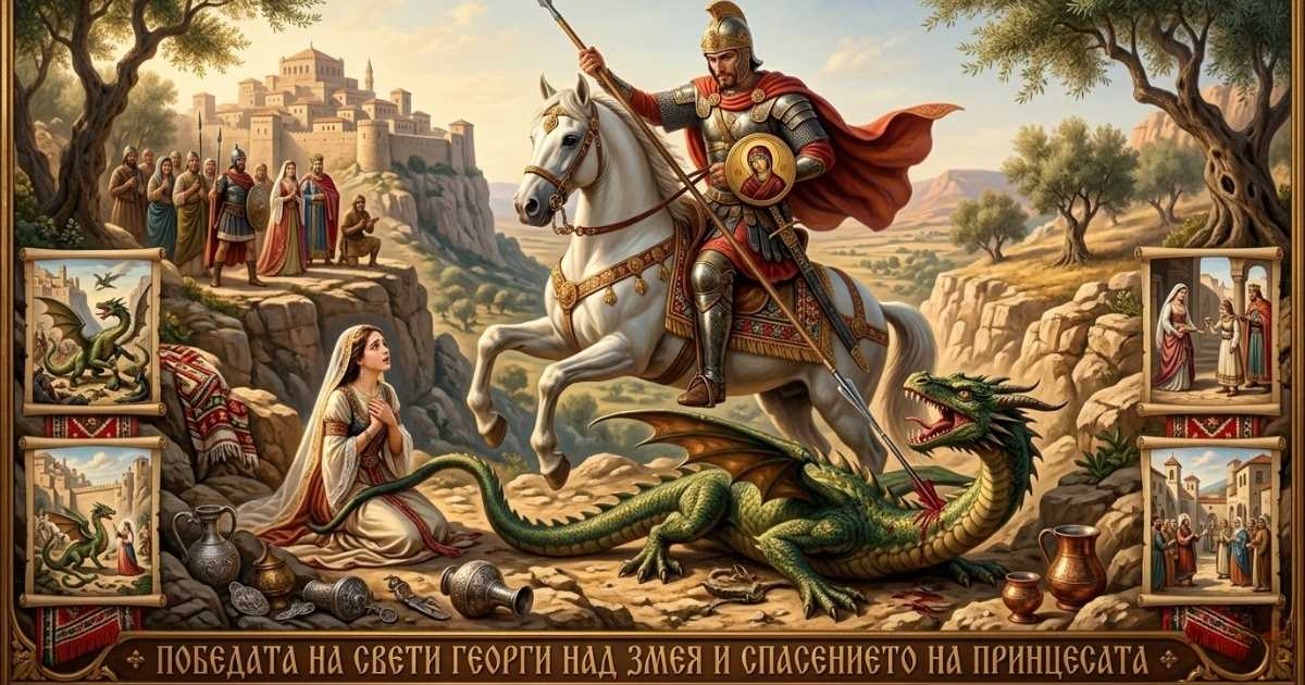 Централна икона на Свети Георги Победоносец, заобиколена от осем по-малки изображения с неговото житие.