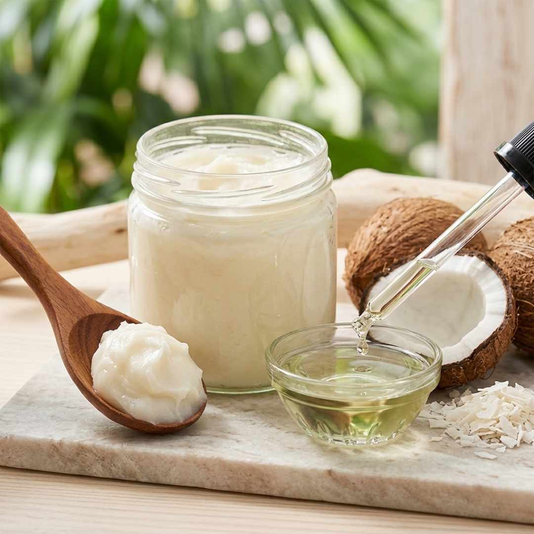 Студено пресовано кокосово масло за коса в стъклен буркан и дървена лъжица на мраморен плот.