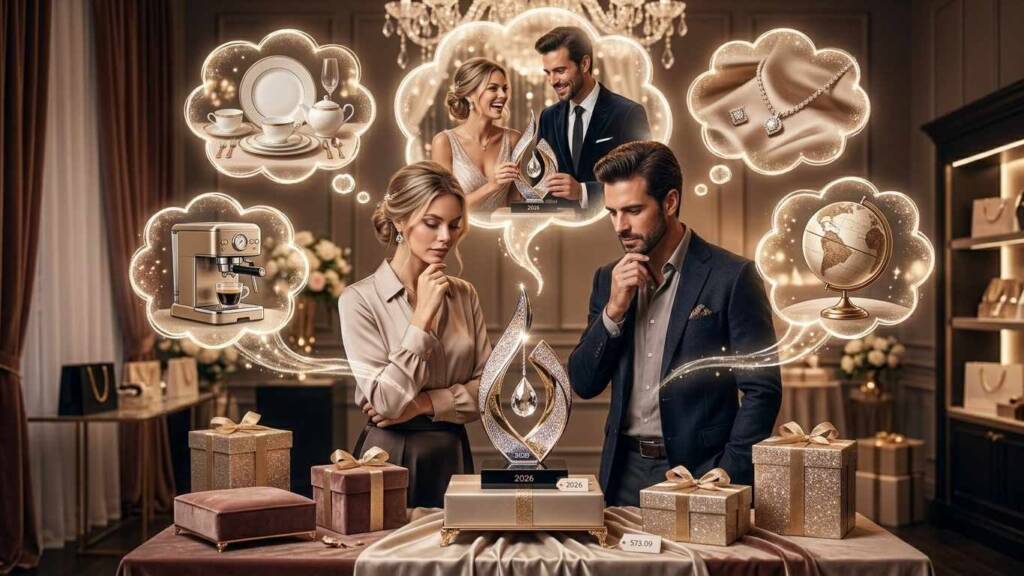 Младоженци в мисли за бъдещия си дом, заобиколени от илюстрации на сервизи, кафемашини и пътешествия като възможен подарък за сватба.