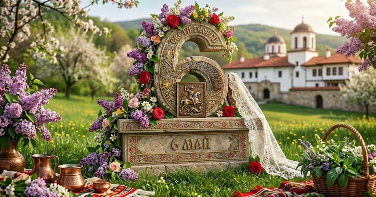 Графика с календар за месец май 2026 г., подчертаваща 6-ти май и икона на Свети Георги.