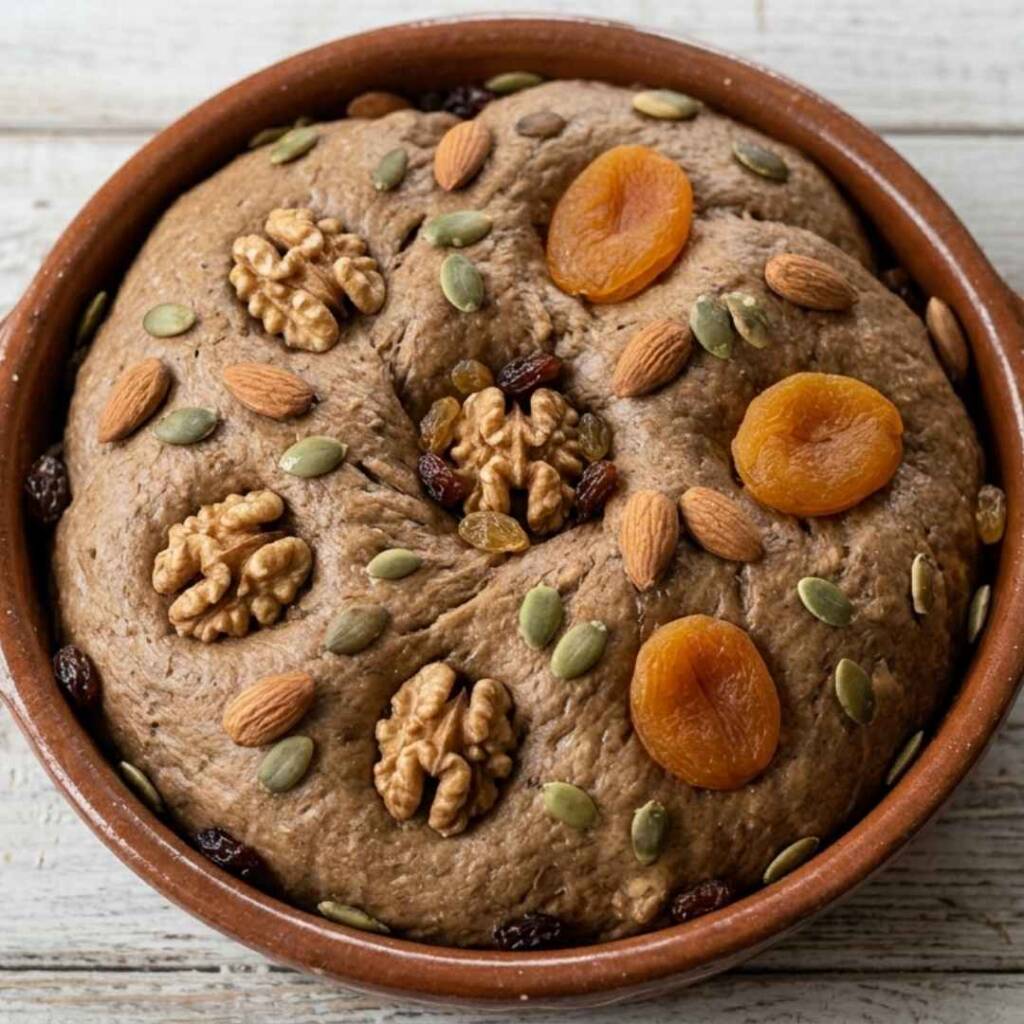 Козунак без вина: Стратегии за поддържане на теглото по време на великденските празници Домашен пълнозърнест козунак без вина, богато гарниран с орехи, бадеми и сушени кайсии.