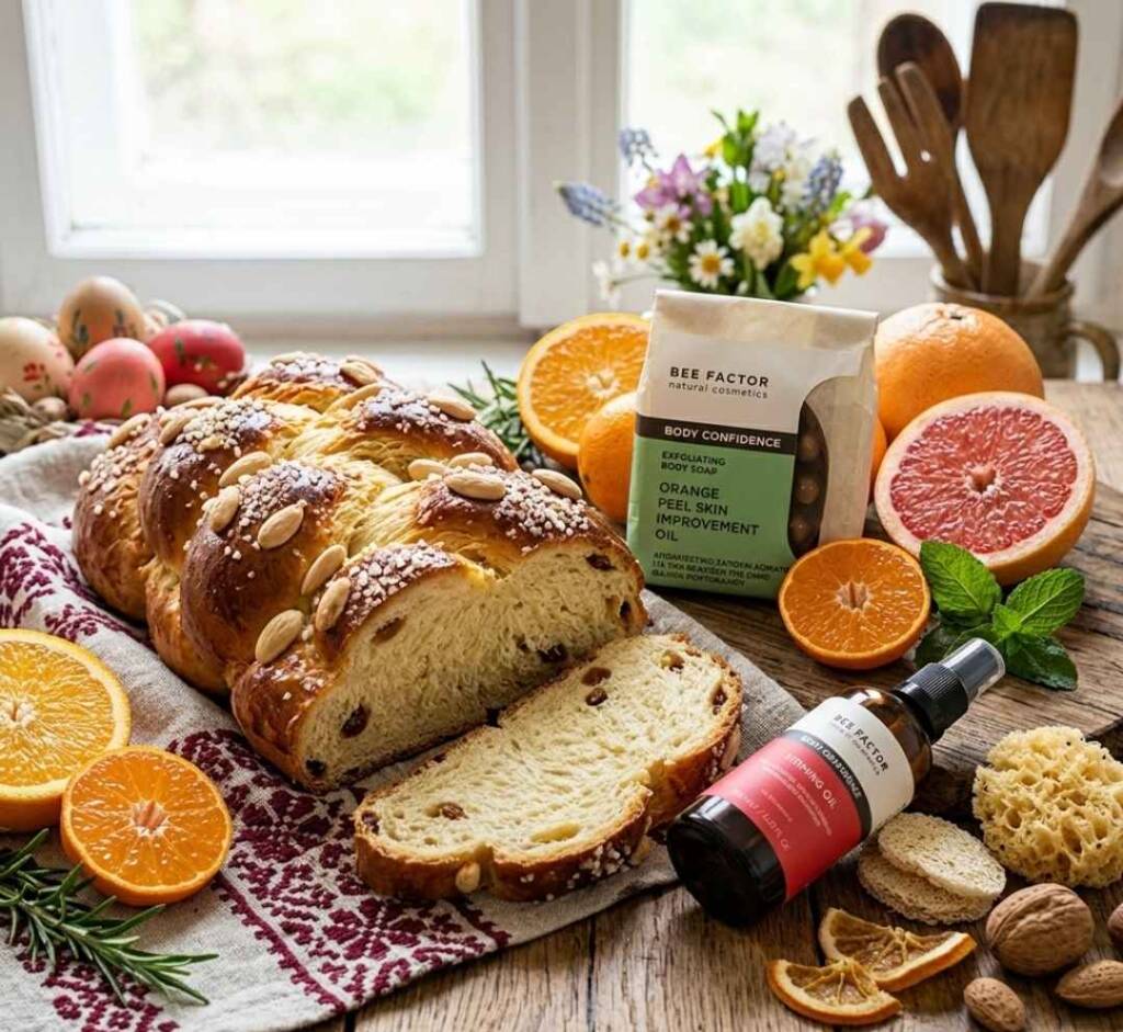 Козунак без вина: Стратегии за поддържане на теглото по време на великденските празници Резени козунак без вина до цитрусови плодове и натурални продукти за грижа за кожата.