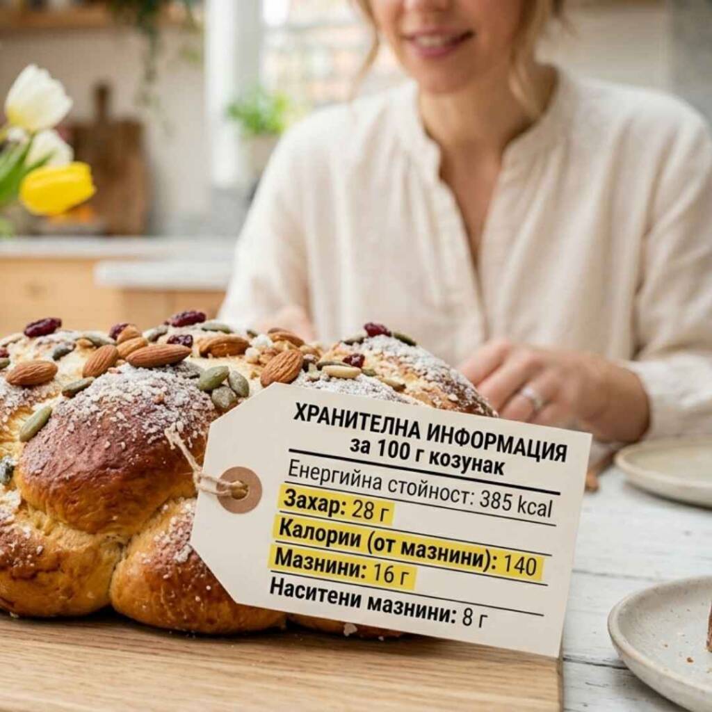 Козунак без вина: Стратегии за поддържане на теглото по време на великденските празници Етикет с калории и мазнини върху парче козунак без вина за следене на теглото.