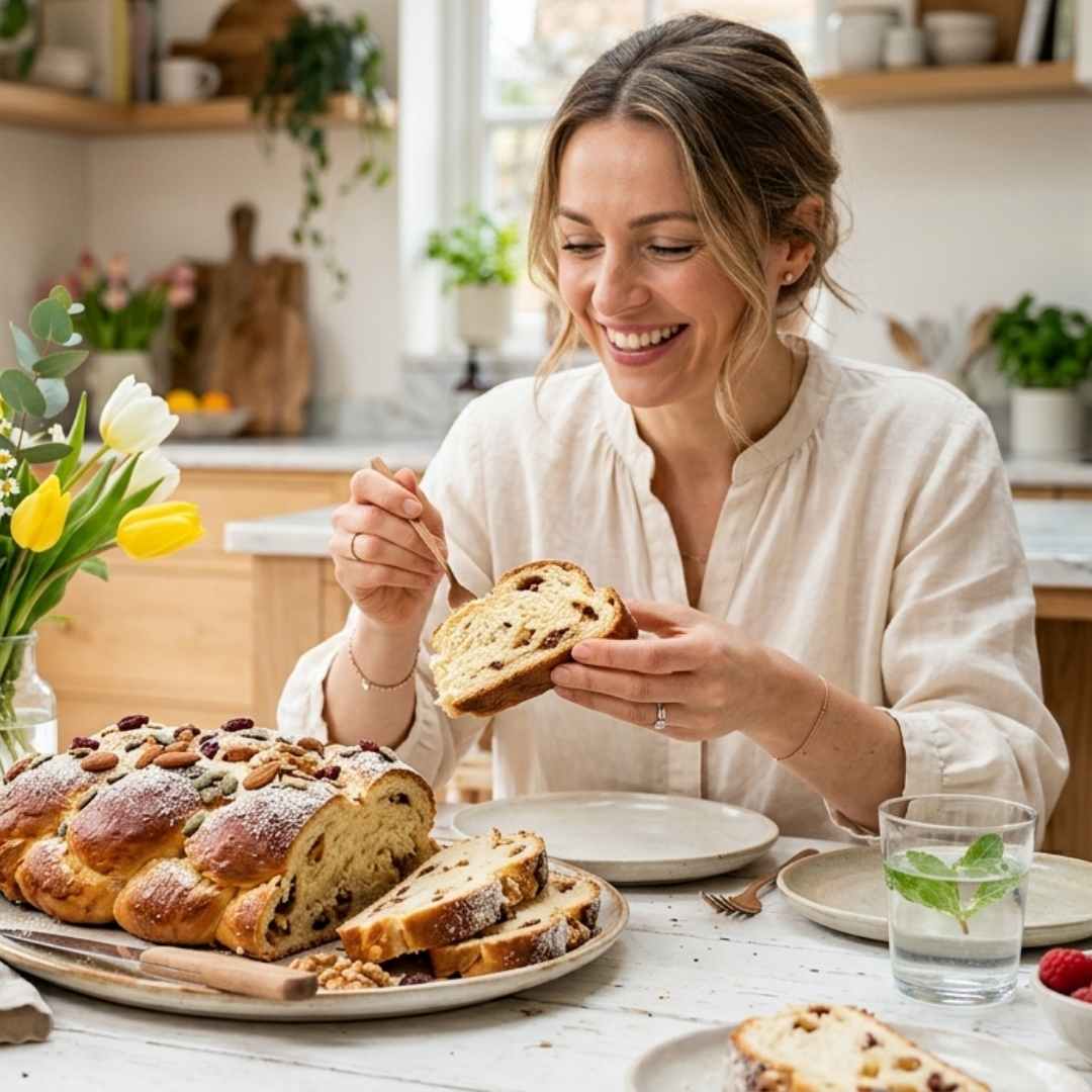Козунак без вина: Стратегии за поддържане на теглото по време на великденските празници Щастлива жена в кухнята, която закусва парче пухкав козунак без вина.