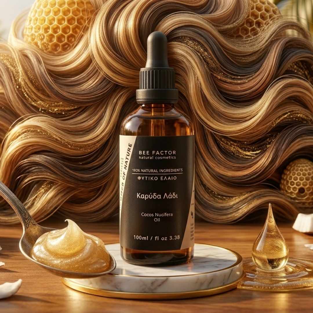 Шише със серум от кокосово масло за коса върху дървена маса с екзотичен фон от палми.