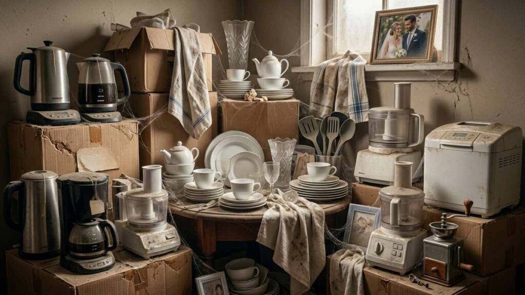 Натрупани стари кафемашини, кухненски роботи и тостери в прашна стая – пример за неподходящ или ненужен подарък за сватба.