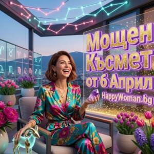 Ударно Начало на Страната Седмица с Мощен Късмет от 6 Април 2026 и Огромен Успех за 7 Зодии жена държи светещ талисман Козирог и кристал на тераса представя прогноза за мощен късмет от 6 април 2026 от HappyWoman.bg