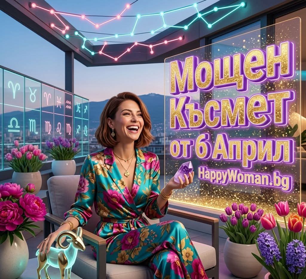 Ударно Начало на Страстната Седмица с Мощен Късмет от 6 Април 2026 и Огромен Успех за 7 Зодии жена държи светещ талисман Козирог и кристал на тераса представя прогноза за мощен късмет от 6 април 2026 от HappyWoman.bg