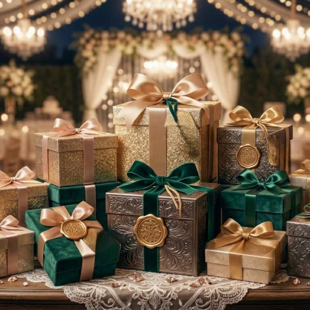 Множество кутии в златисто и тъмнозелено с панделки и восъчни печати, подредени като стилно опакован подарък за сватба.