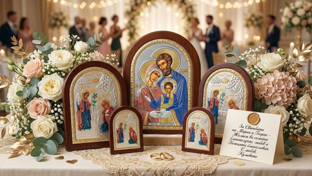 Сребърни икони с религиозни мотиви, поставени върху бяла покривка с цветя и картичка за пожелания – традиционен подарък за сватба.