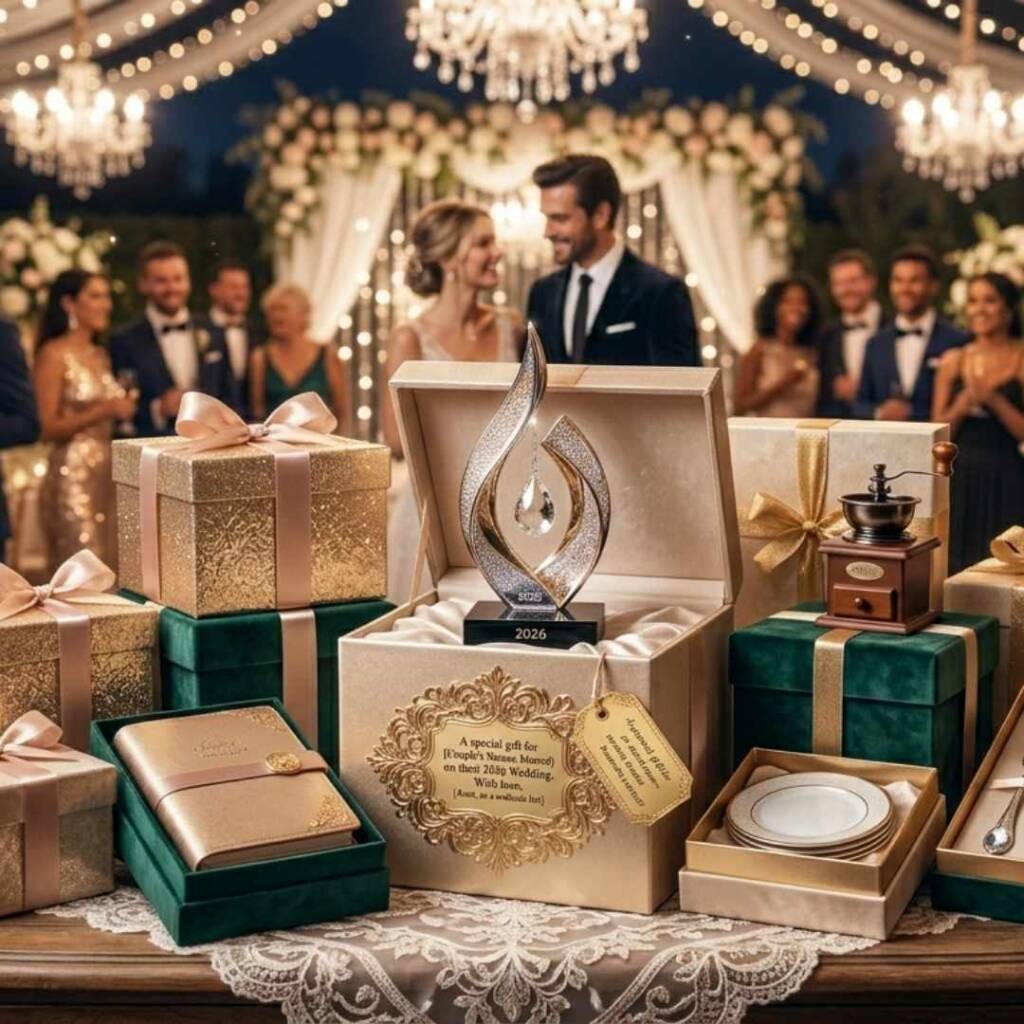 Луксозна кутия с кристална статуетка, тефтер и порцеланови чинии, подготвени като комплексен подарък за сватба.