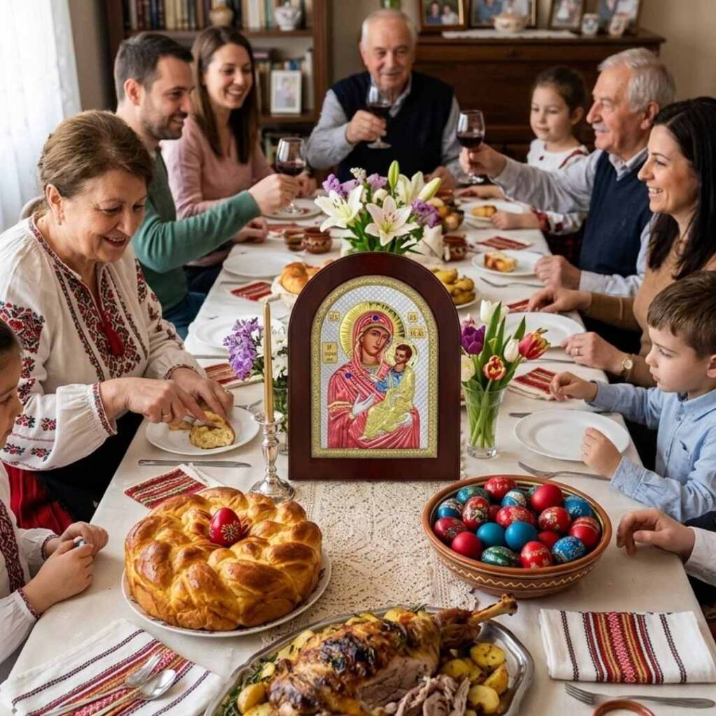 Подготовка за Великден 2026: Как да изберем икона, която да закриля семейството през цялата година? олямо семейство от няколко поколения, седнало около богата трапеза с козунак, икона и боядисани яйца.