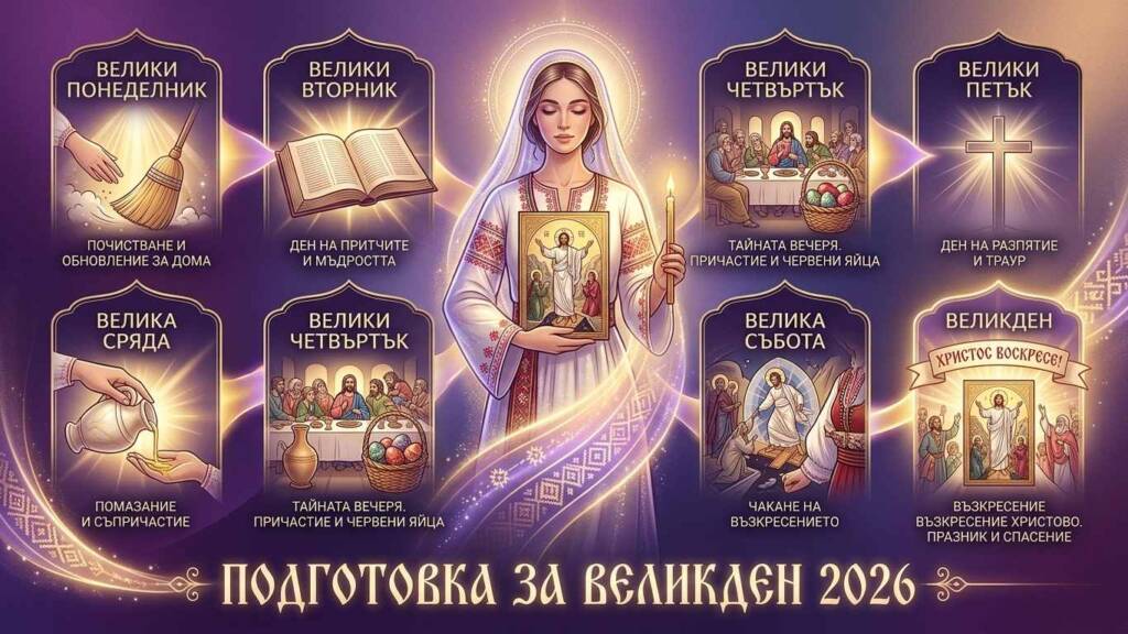 Подготовка за Великден 2026: Как да изберем икона, която да закриля семейството през цялата година? Инфографика на български език, представяща дните от Велики понеделник до Възкресение Христово с обяснения за традициите.
