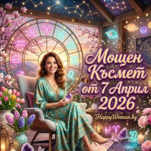 Пет зодии оставят проблемите в миналото от Велики Вторник 7 април 2026 усмихната жена държи кристал пред светеща зодиакална карта - астрологична прогноза за мощен късмет от 7 април 2026 от HappyWoman.bg