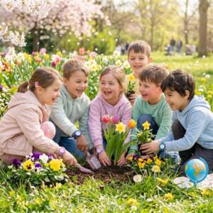 Пролетна ваканция 2026: Как да осигурим спокойствие на детето и себе си с нов детски часовник? Деца засаждат цветя в градината по време на пролетна ваканция.