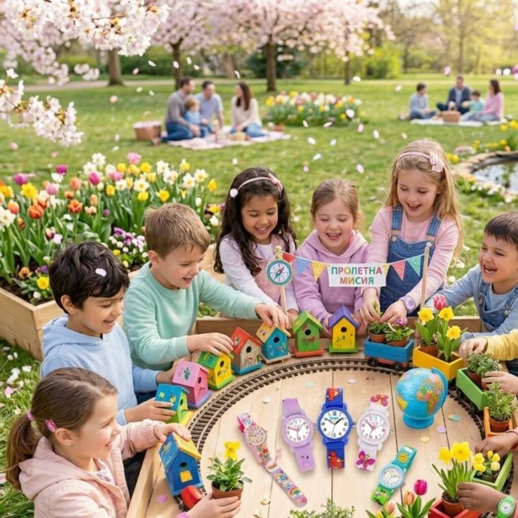 Пролетна ваканция 2026: Как да осигурим спокойствие на детето и себе си с нов детски часовник? Група деца с часовници и пролетна мисия през пролетна ваканция.