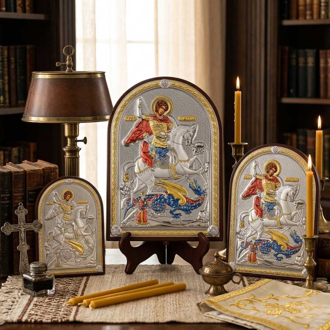 Аранжировка от три различни по размер сребърни икона на Свети Георги, поставени върху дървени стойки и осветени от свещи.