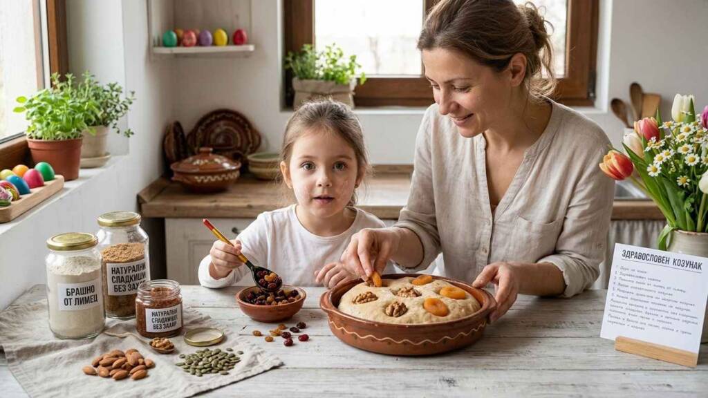Козунак без вина: Стратегии за поддържане на теглото по време на великденските празници Продукти за приготвяне на козунак без вина: брашно от лимец, натурални подсладители и ядки.