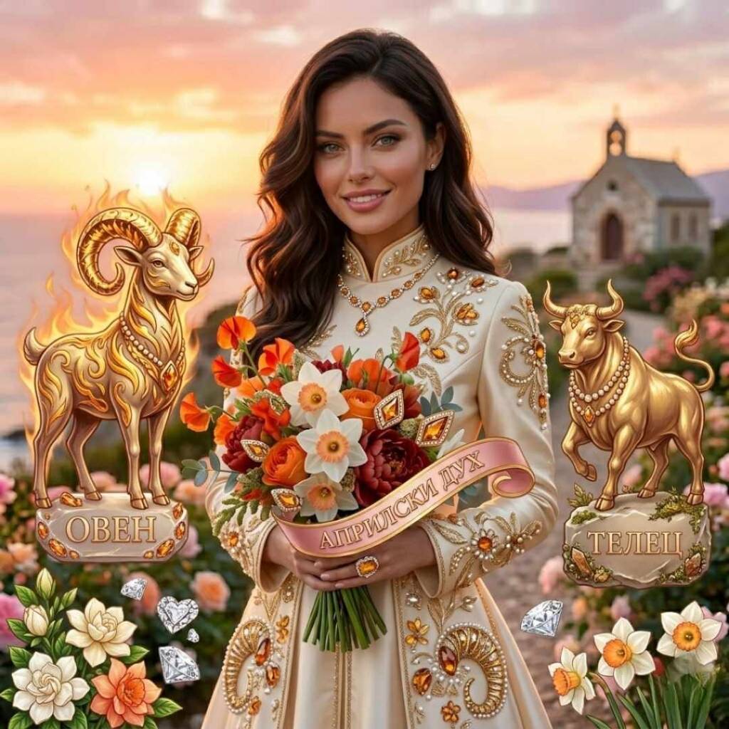 Родените през април: Пролетен огън и инат, който мести планини! Художествена композиция с жена, държаща цветя, заобиколена от златни статуетки на Овен и Телец с надписи на български, символизираща дуалността в характера на родените през април.