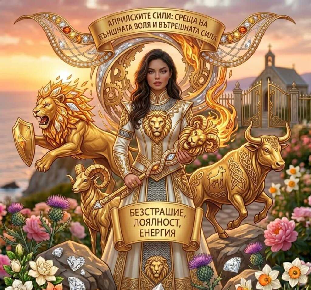 Родените през април: Пролетен огън и инат, който мести планини! Илюстрация на жена-войн в златна броня с лъвски мотиви, обградена от символи на смелост, лоялност и енергия, които са основни добродетели за родените през април.
