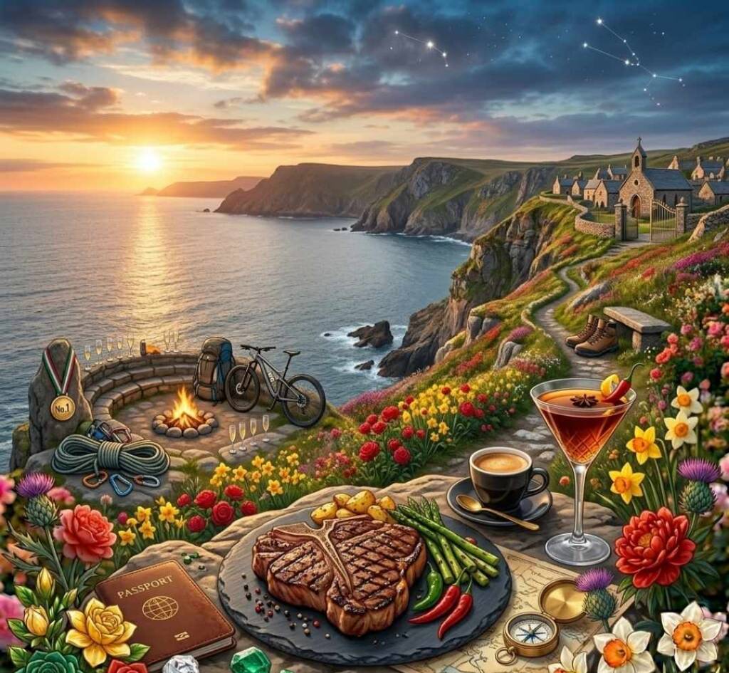 Родените през април: Пролетен огън и инат, който мести планини! Тази богата композиция обединява страстта към пътешествията и добрия вкус. От планинските обувки до изисканата вечеря на скалите, изображението пресъздава динамичния и многостранен начин на живот, типичен за родените през април.